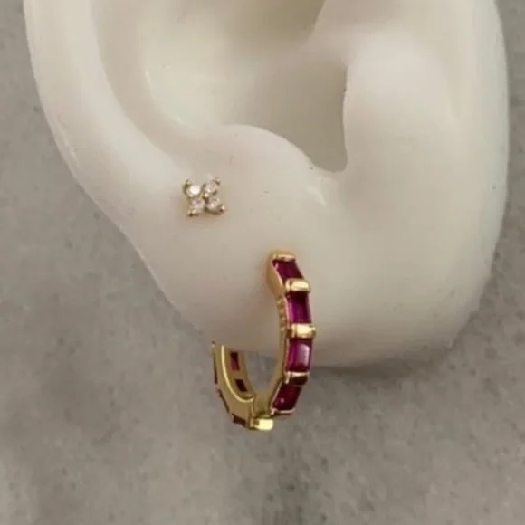 NEW STOCK Gold Pink Princess Crystal Pave Hoop Earrings - Picture 1 of 4